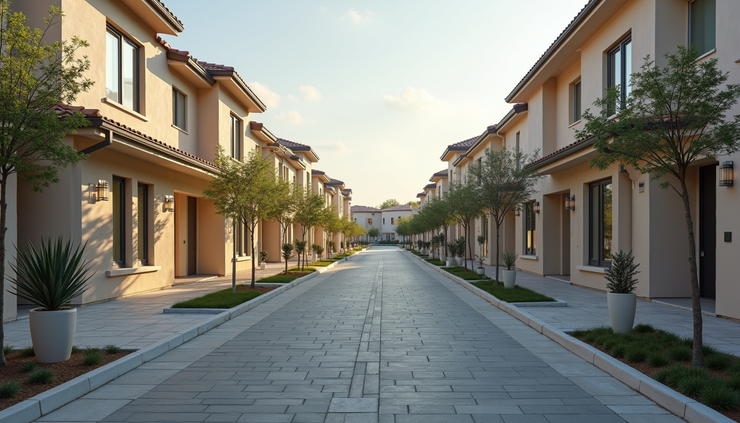 Eye-level view of a quiet street with new construction homes and small local businesses opening
