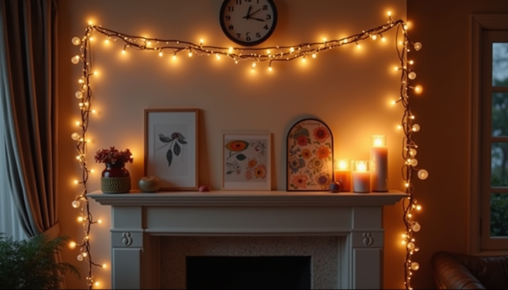 Eye-level view of a warmly lit living room with string lights and candles on the mantel