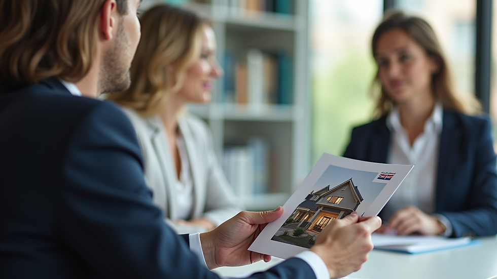 Close-up view of a real estate agent showing a property brochure to a client