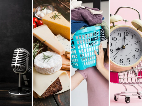 a collage of photos including a mic, cheese, laundry and a clock