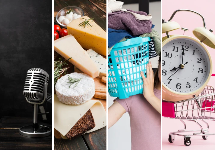 a collage of photos including a mic, cheese, laundry and a clock