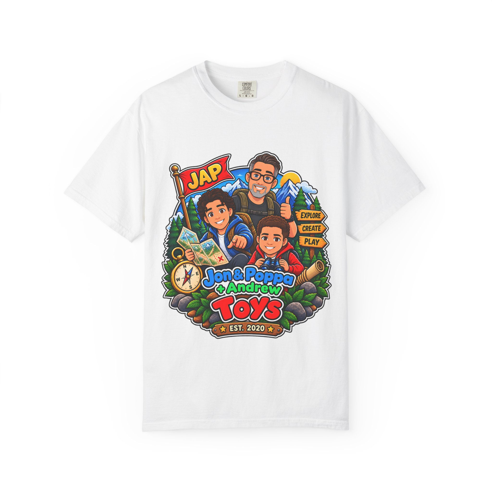T-Shirt — 'Jon & Poppa Andrew Toys' Cartoon Family Adventure Tee