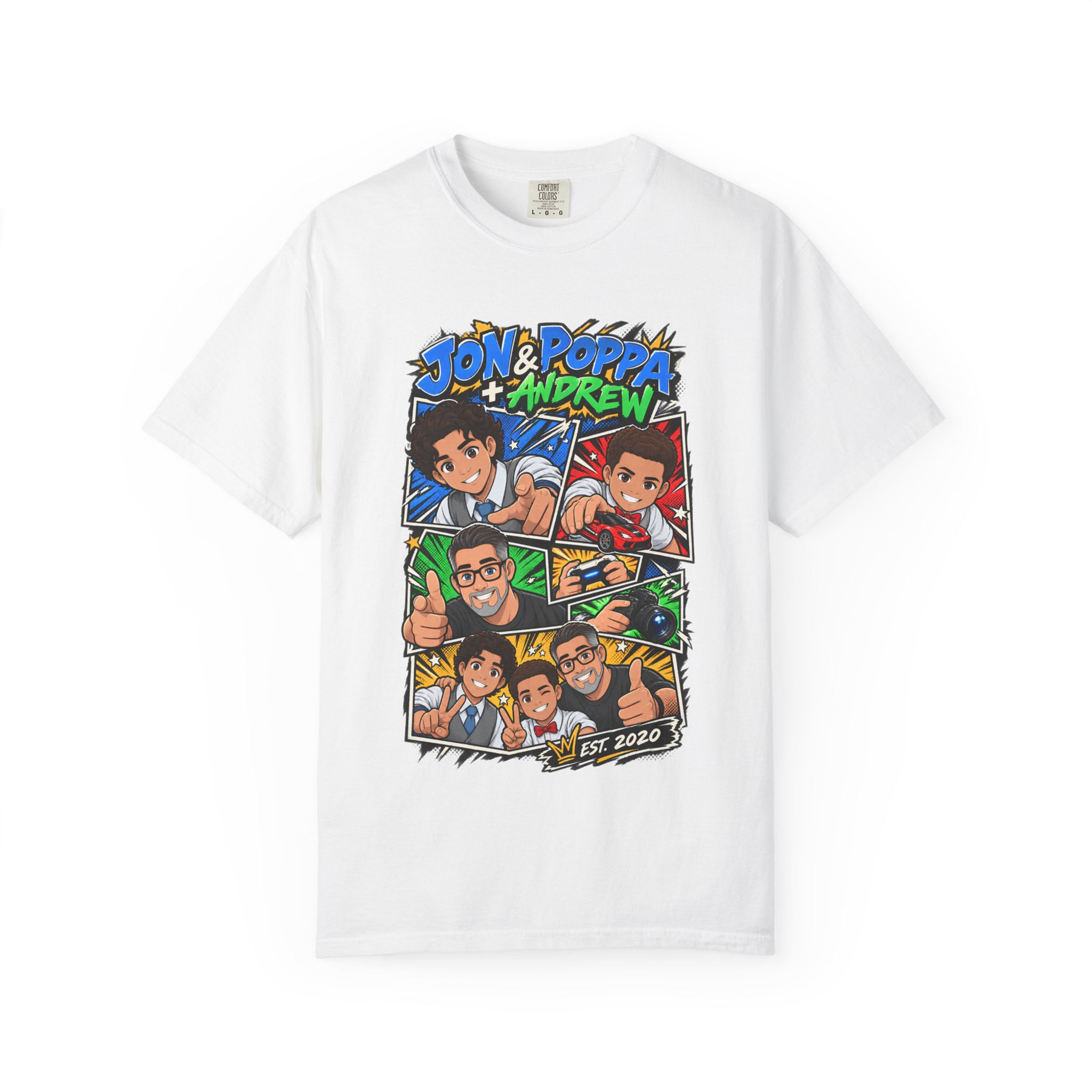 Cartoon Family Portrait T-Shirt — "Jon & Poppa + Andrew" Comic Panel Tee
