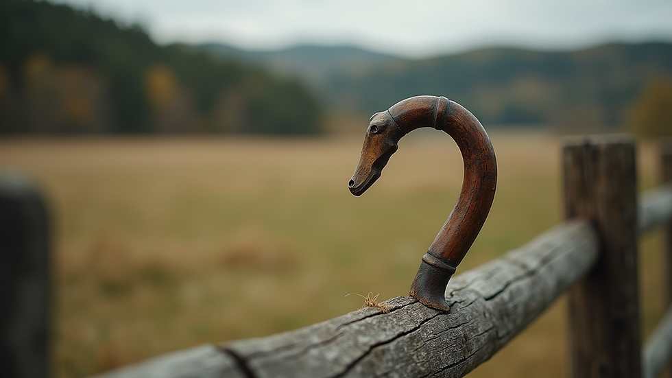 Eye-level view of a rustic shepherd's crook resting on a wooden fence