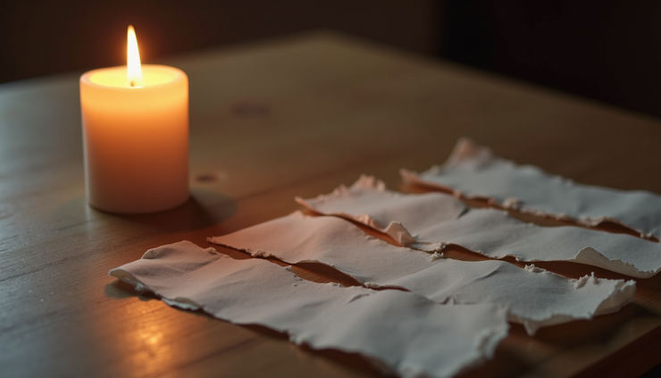 High angle view of a lit candle beside a small pile of torn paper pieces on a wooden surface