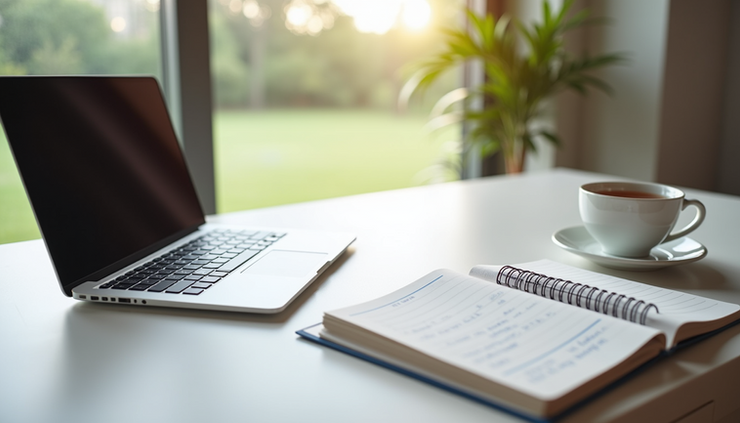 High angle view of a clean desk with a laptop, planner, and a cup of tea