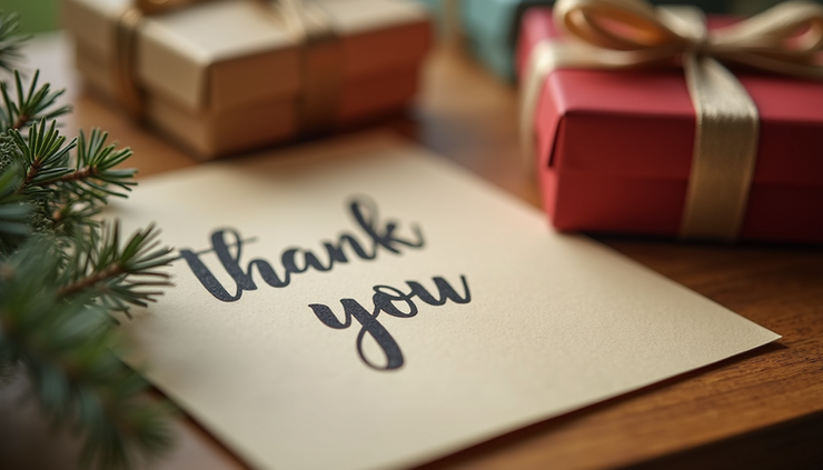 Close-up view of a handwritten note with a thank-you message and a small gift box on a wooden table