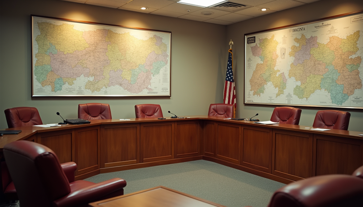 High angle view of a Virginia city council meeting room with district maps on the wall