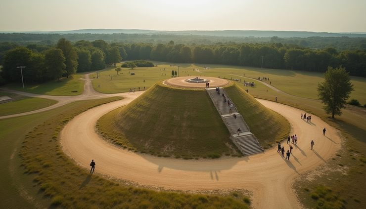 High angle view of a reconstructed ceremonial mound with visitors walking around