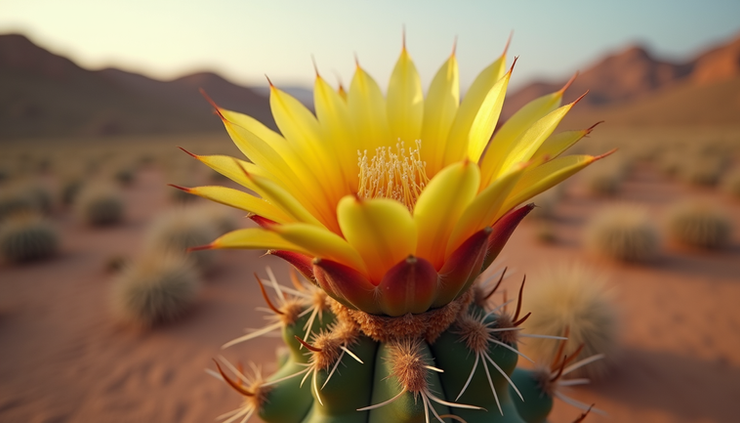 Close-up view of a single blooming cactus flower in a dry desert environment