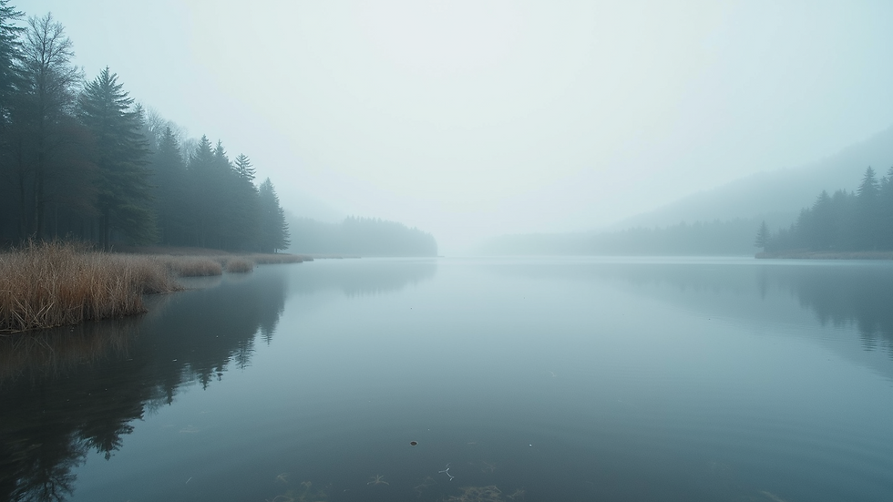 Wide angle view of a serene landscape with a calm lake