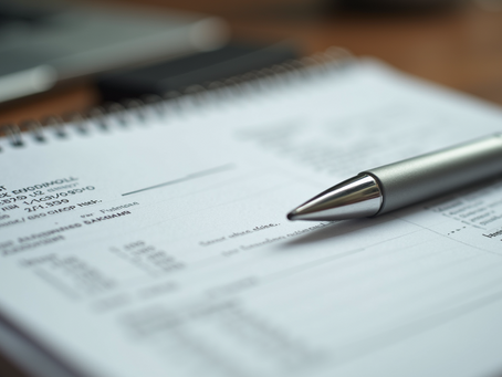 A notebok filled with financial notes and a pen