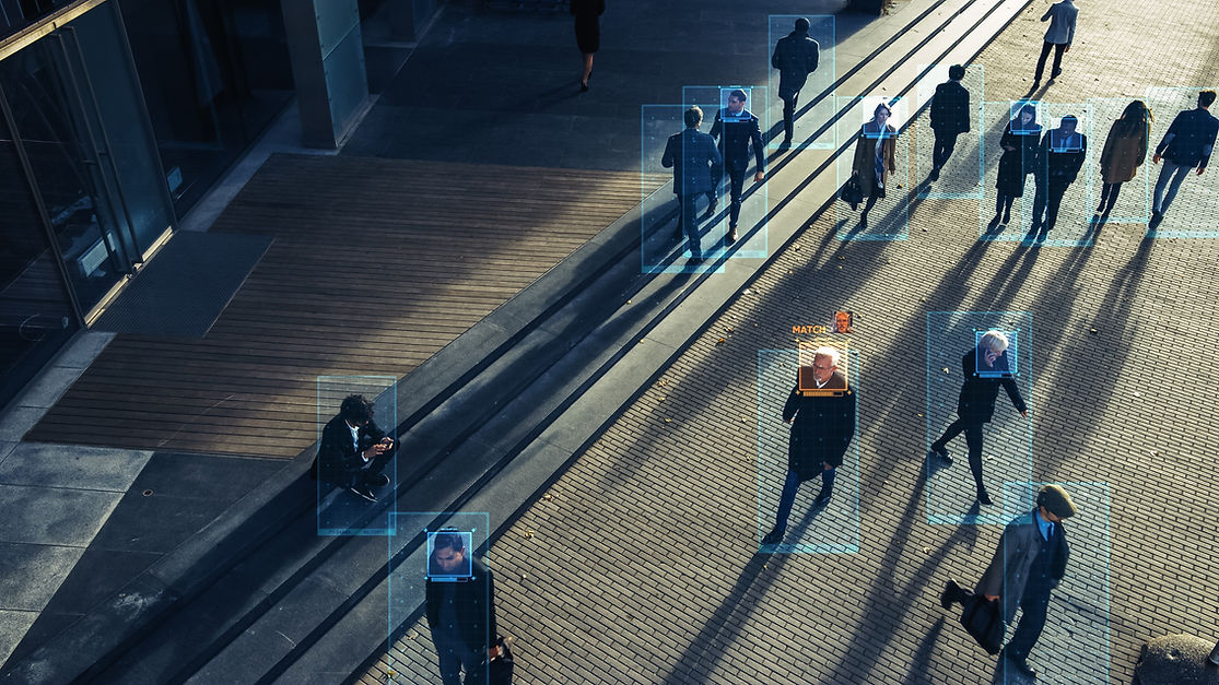 CCTV AI Facial Recognition Camera Zoom in Recognizes Person. Elevated Security Camer
