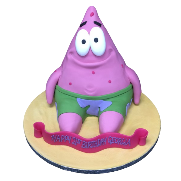Brightly colored Patrick SpongeBob SquarePants cake with fondant decorations, perfect for a themed celebration.