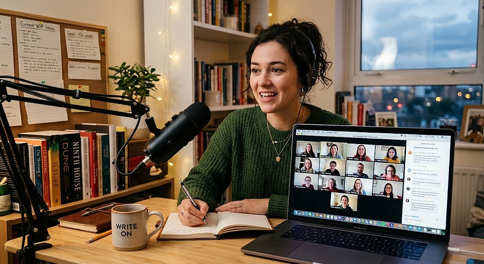 Writer participating in virtual mastermind group discussion
