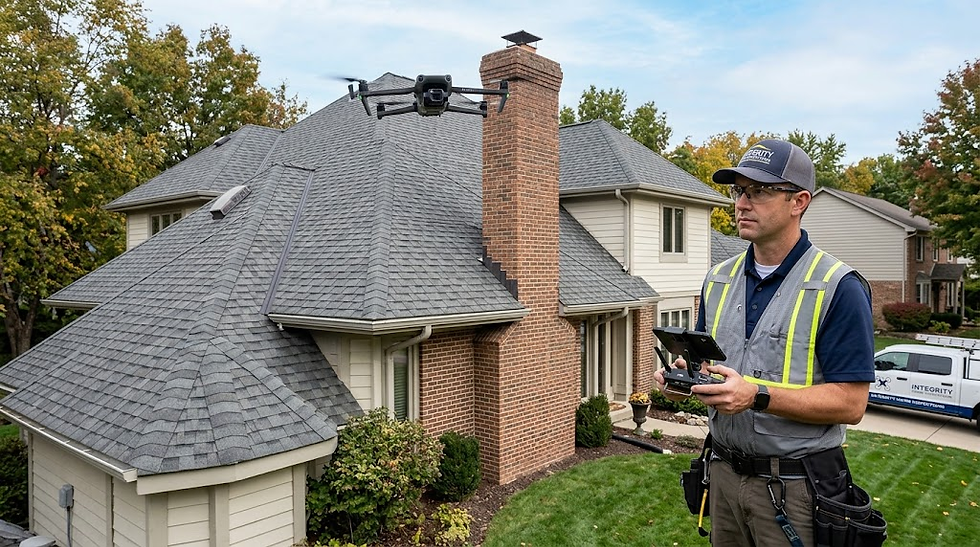 Home inspector operating drone for roof inspection
