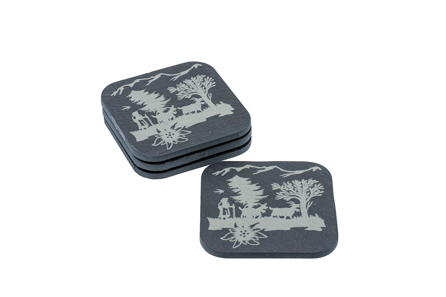Schiefer-Untersetzer “Alpaufzug”, 4er-Set, 10 x 10 cm