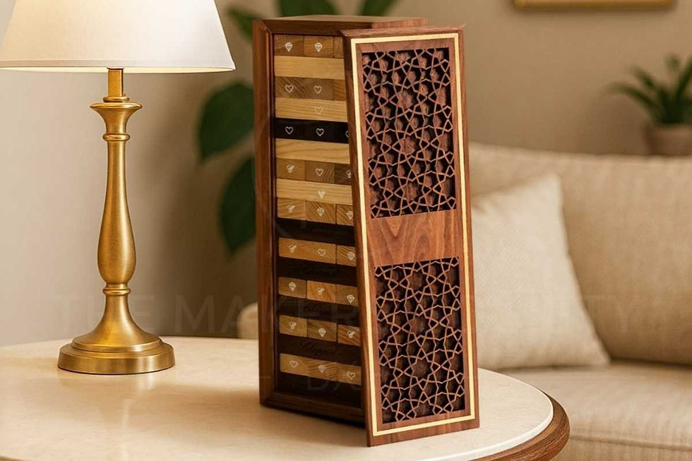 Luxury wooden Jenga set with intricate geometric inlay, handcrafted in Dubai