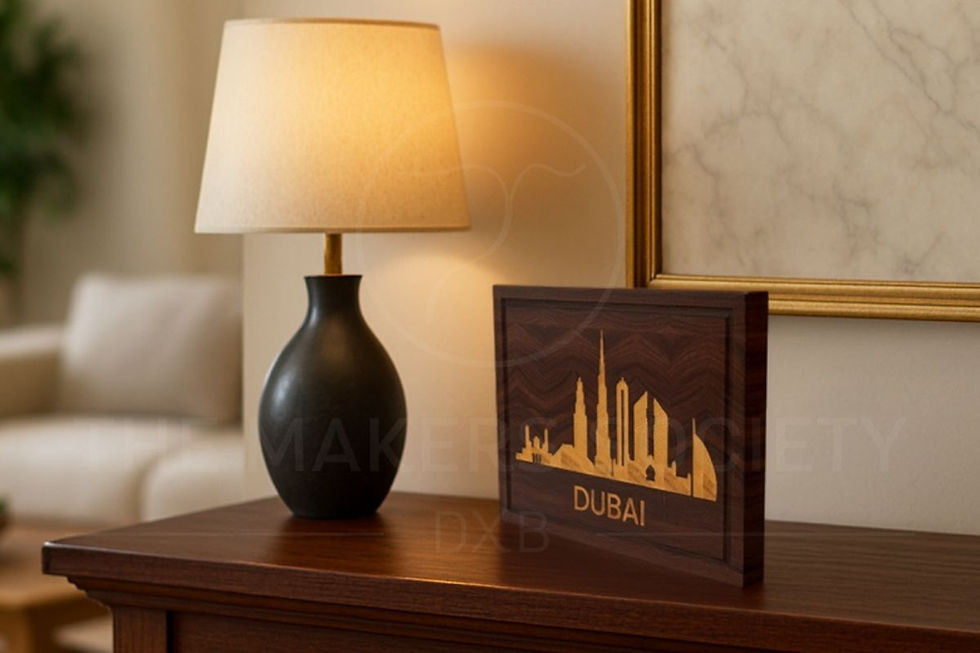 Wooden cutting board with Dubai skyline engraving in contrasting wood tones