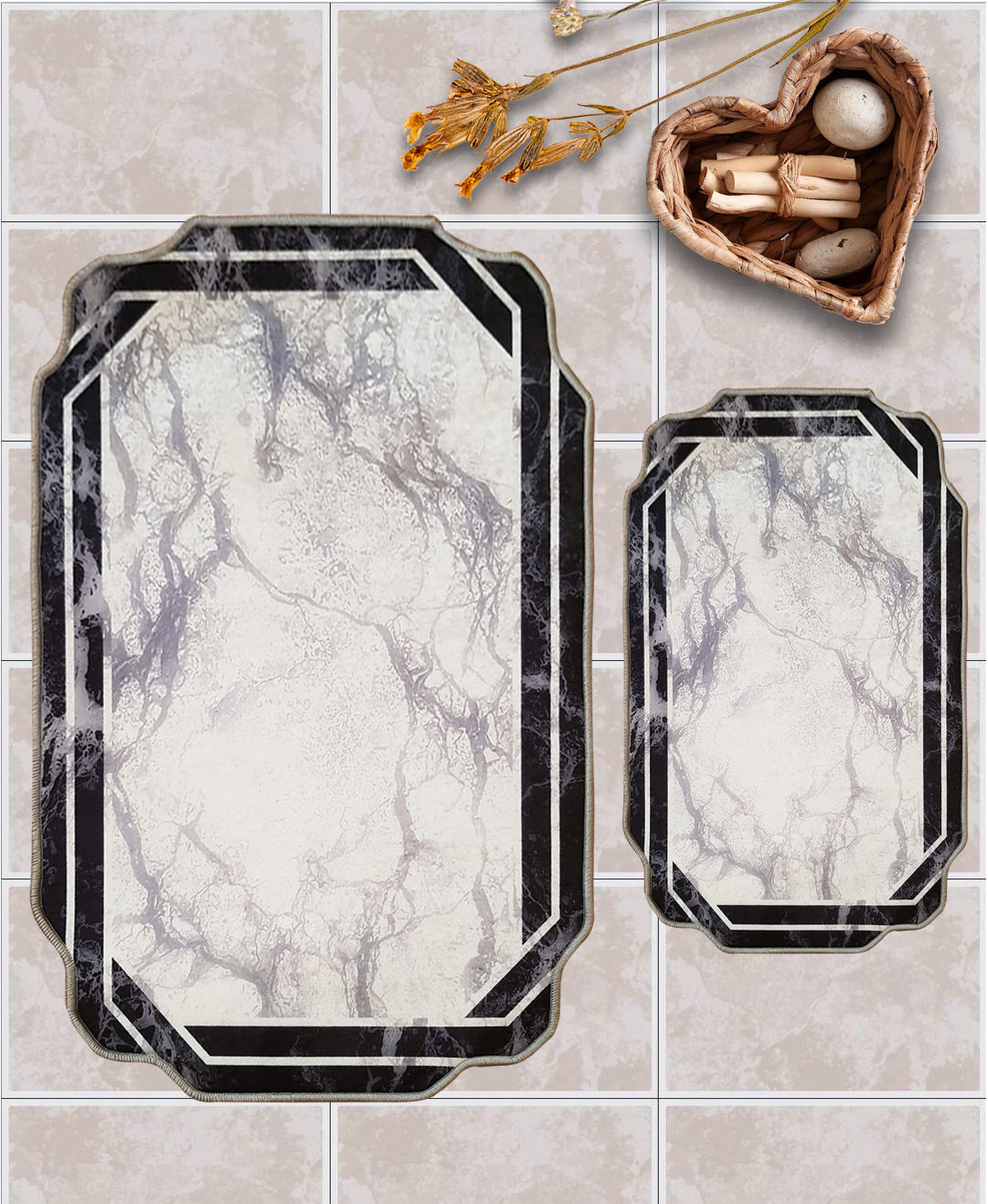 Granita Beyaz Siyah Şerit Banyo Halısı