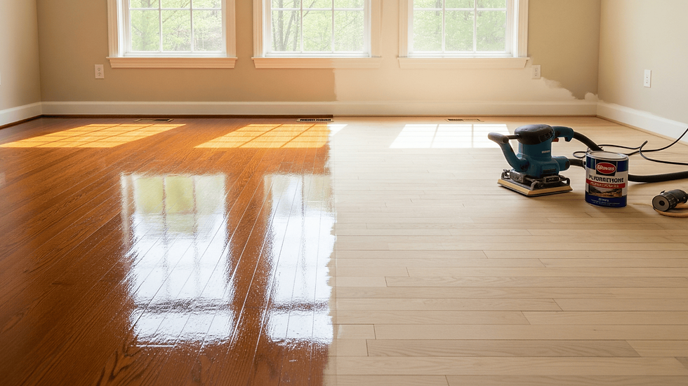 Professional hardwood floor recoating process showing a wood floor before and after recoating with sanding equipment and fresh protective finish.