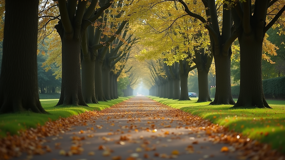Eye-level view of a serene park path surrounded by trees