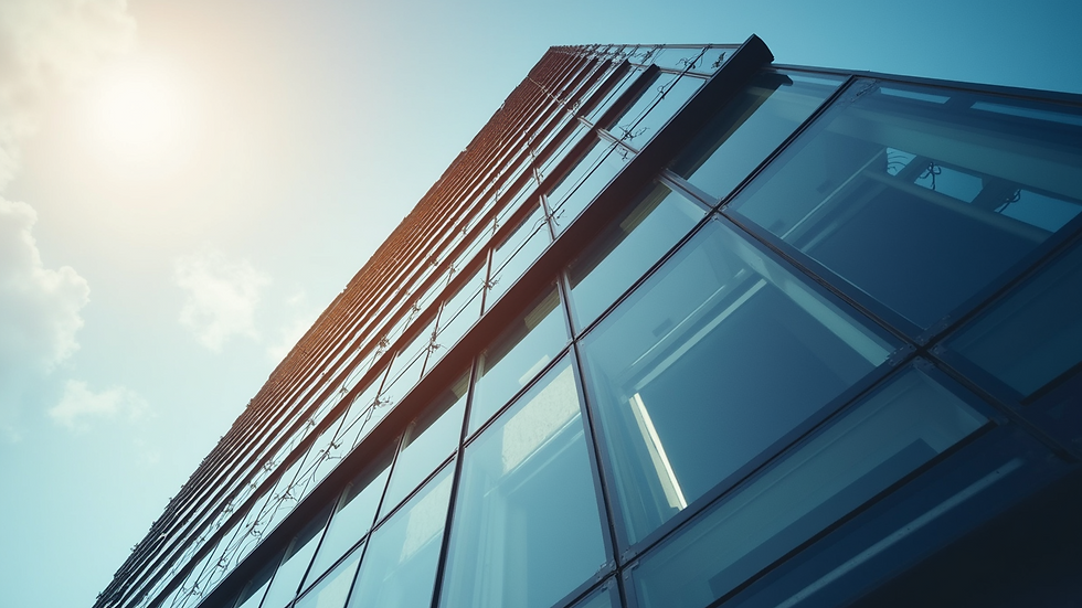 High angle view of a modern office building with solar panels