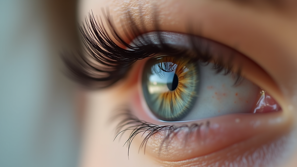 Close-up view of a set of natural-looking lash extensions on an eye