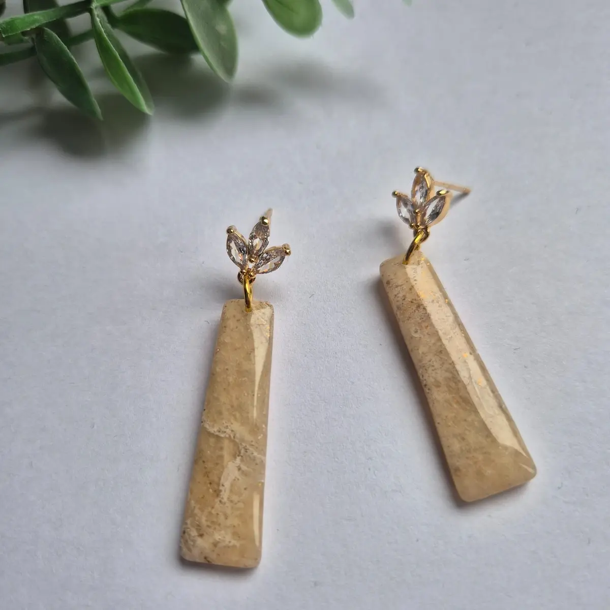 Stone Effect Drop Earrings – Polymer Clay – Leaf Stud – Beige Gold