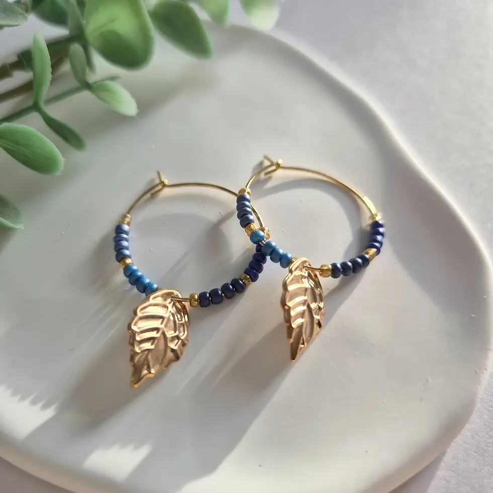 Thumbnail: Handmade Blue Beaded Hoop Earrings