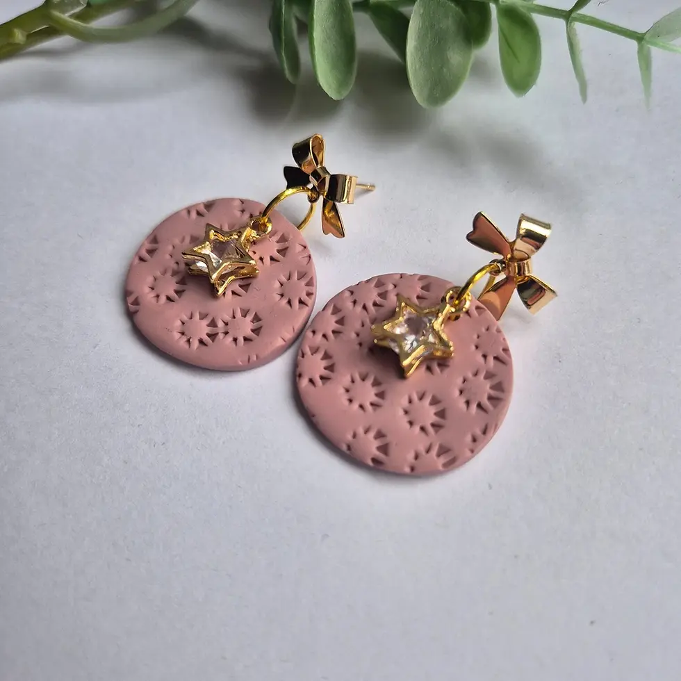 Thumbnail: Pink Star Charm Earrings – Polymer Clay – Statement Drop – Gold Accent