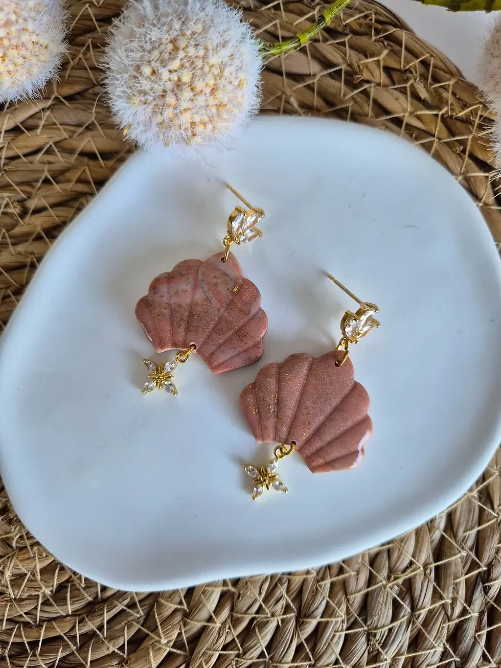 Handmade blush pink shell drop earrings with gold and crystal details