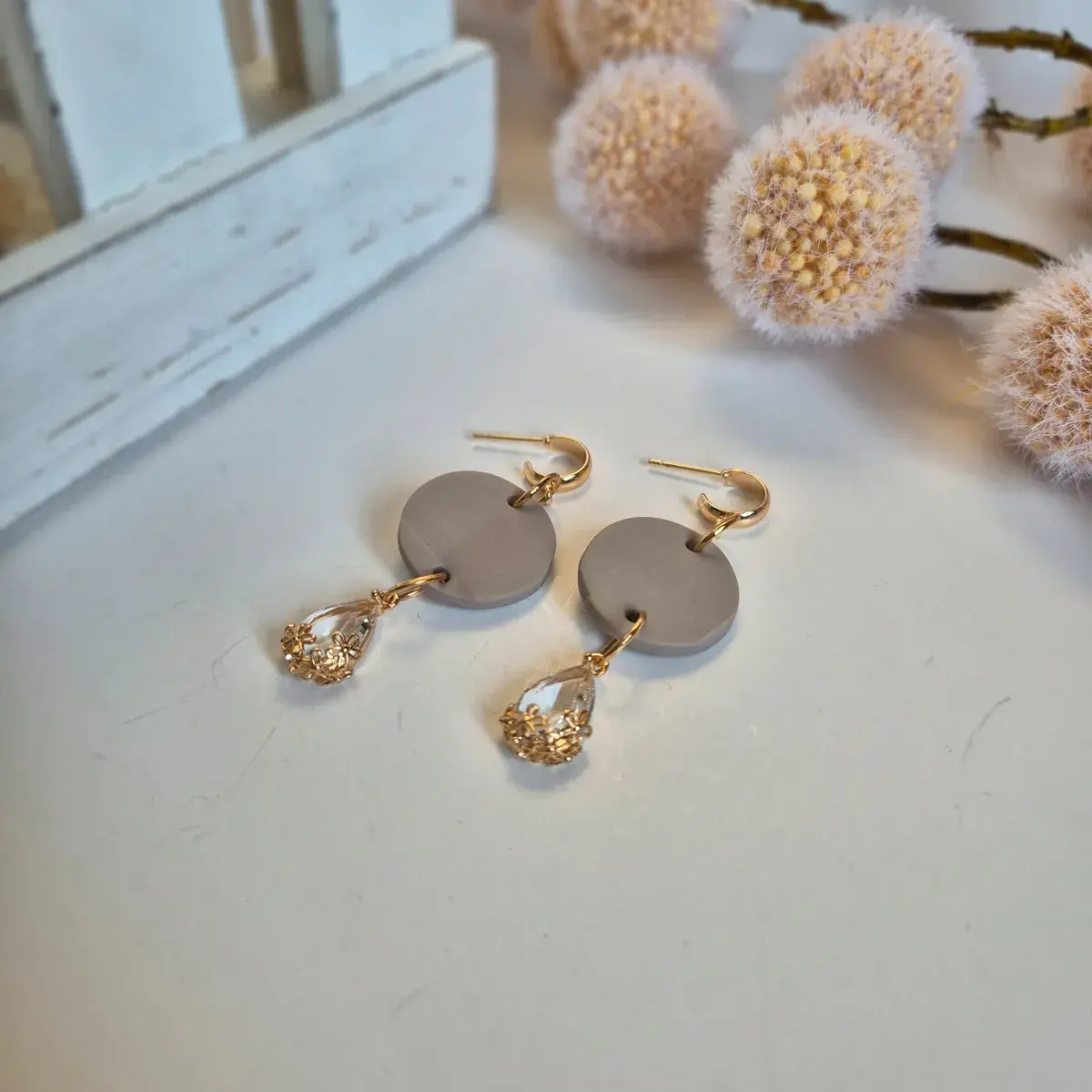 Elegant handmade Serena polymer clay earrings with gold teardrop crystal — minimalist drop earrings for modern women