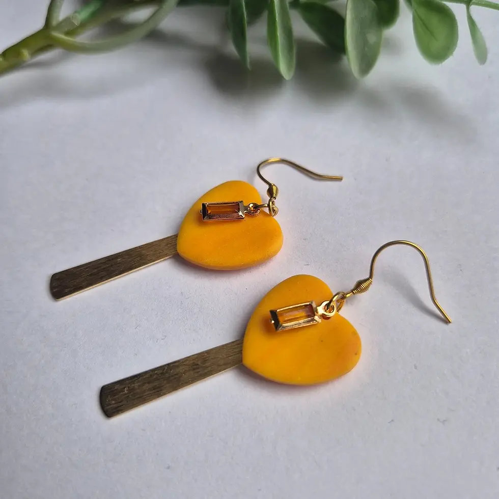 Yellow Heart Drop Earrings – Polymer Clay – Gold Bar – Mustard Gold