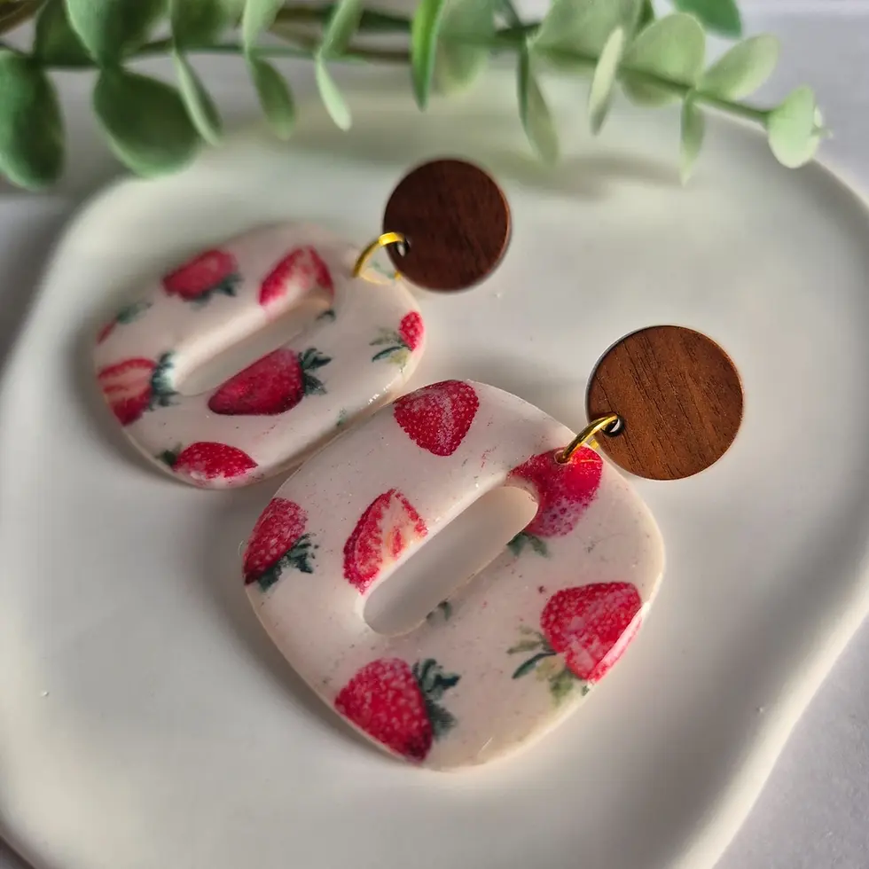Strawberry statement earrings with wooden stud top
