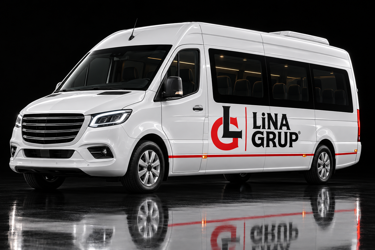 Lina Grup logolu beyaz yolcu minibüsü