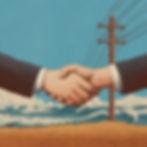 handshake across coastal lines, with a power pole in the background.