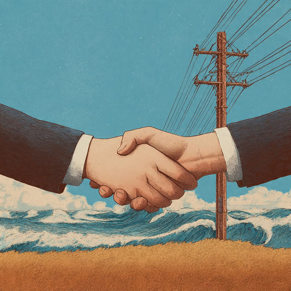 Two hands shaking across costal lines with a power pole in the background.