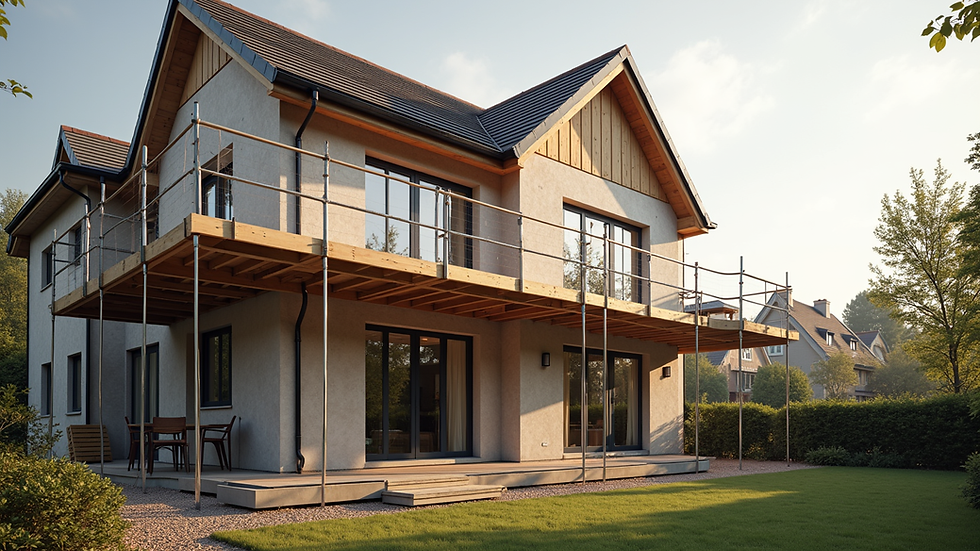 Close-up view of luxury home extension construction site with scaffolding