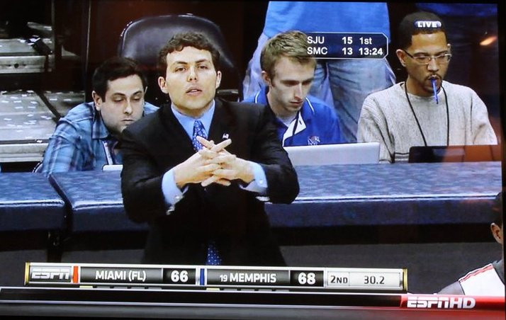 Preston McClellan sits in between Dan Wolken and Jason Smith and behind Josh Pastner at a University of Memphis Basketball game in 2010 against Miami (FL).