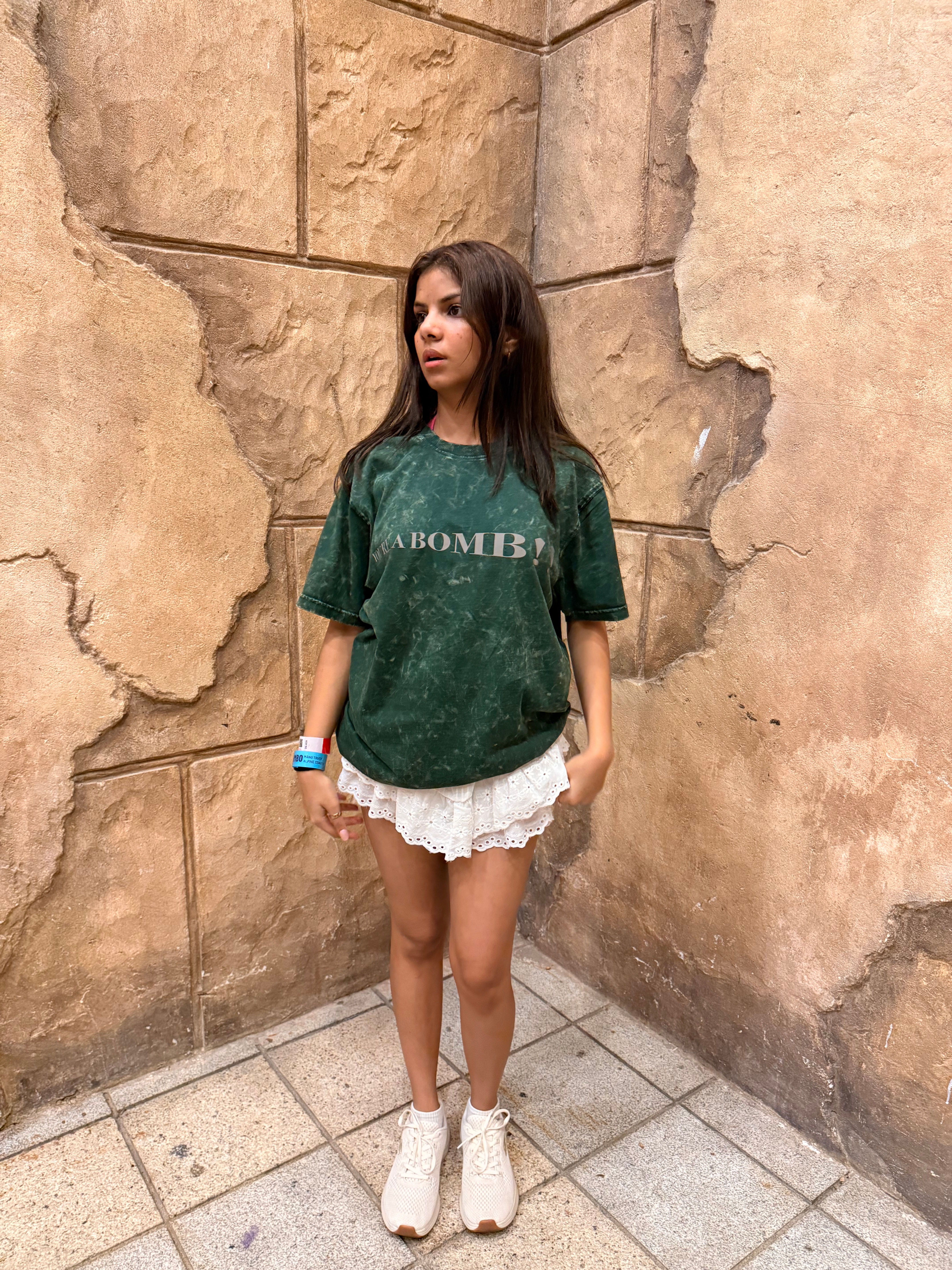 YOU’RE A BOMB Reflective print, Bottle Green acid-wash t-shirt