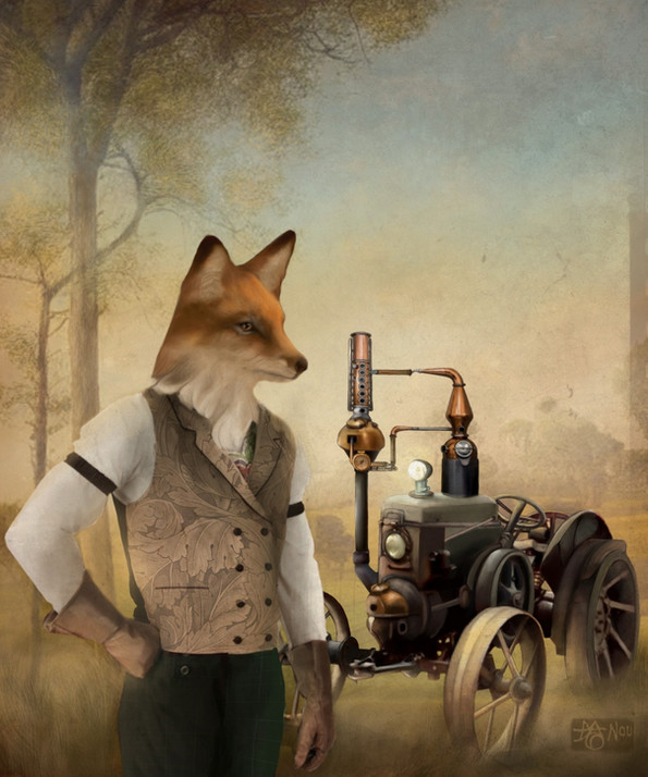 Oeuvre numérique collage et illustration représentant un homme renard devant son tracteur futuriste.
