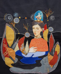 Allégorie d'une femme perdue dans les marais, le feu et la nuit autour d'elle. Sur sa tête elle porte un globe de verre protégeant une colombe.