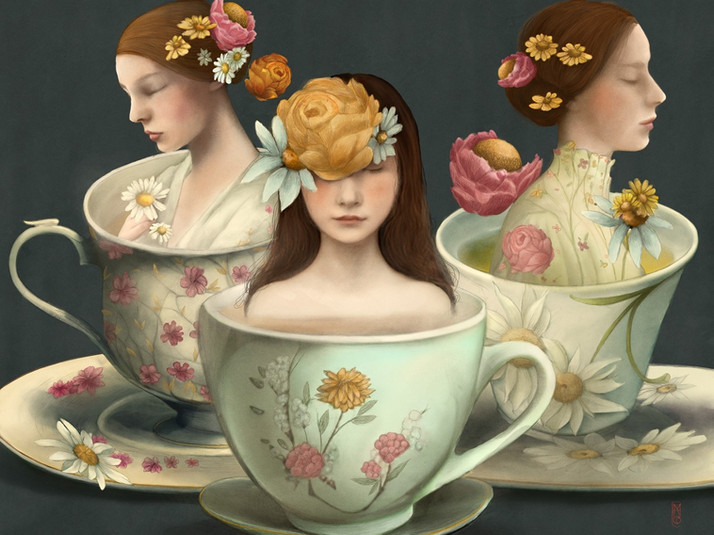 Une fantaisie sur les tisanes a base de fleurs. Des fées se baignent dans des tasses de thé.