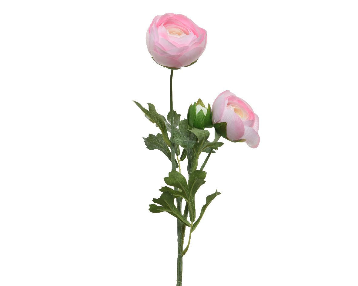 Renoncule en polyester sur tige 2 fleurs - 1 bouton (rose doux)