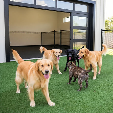 Group of happy dogs running together on artificial turf in an outdoor play yard at The BarkYard in Lubbock, Texas.