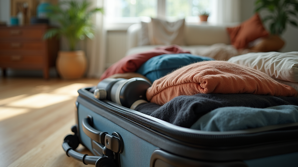 Eye-level view of a packed suitcase with travel essentials