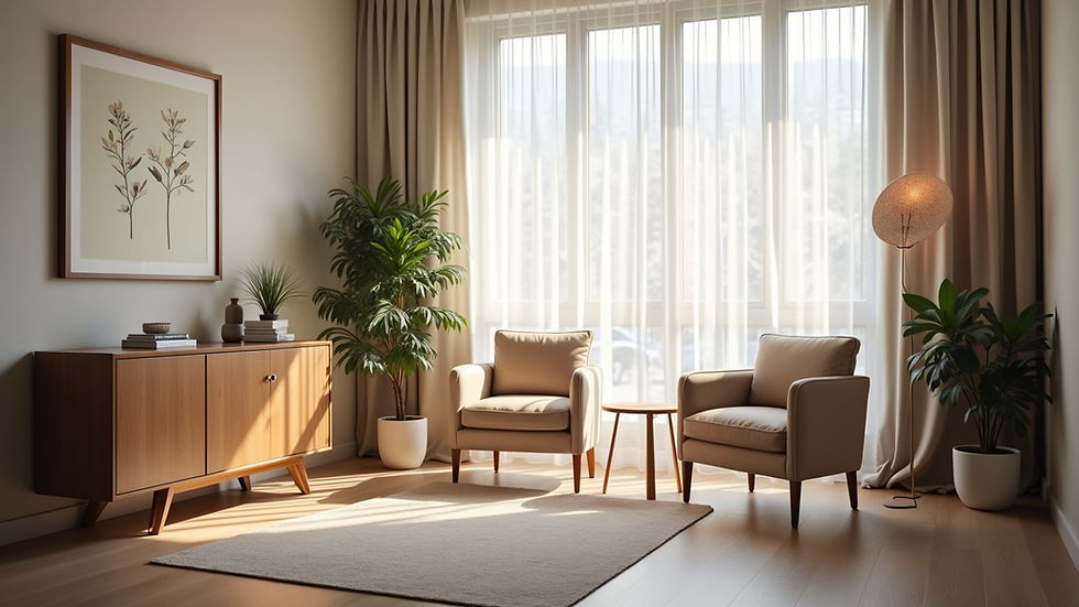 Eye-level view of a serene counseling space with comfortable seating