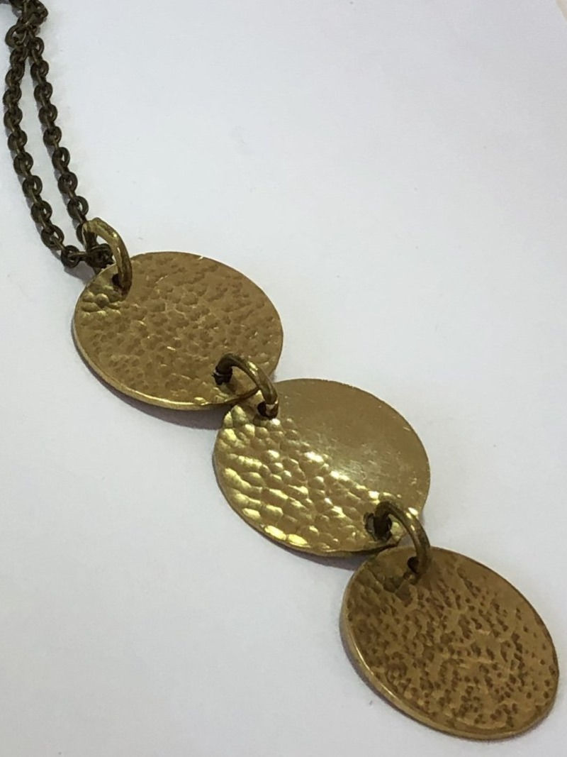 Thumbnail: 3 Round Disc Pendant - Hammered Texture - Brass
