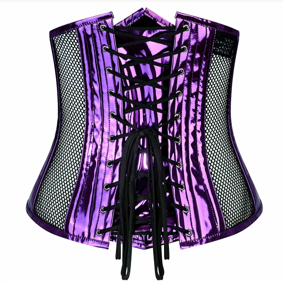 Miniaturbild: Holografisches Underbrust Korsett in Lila von Aderlass mit Mesh-Einsätzen und Metallverschlüssen